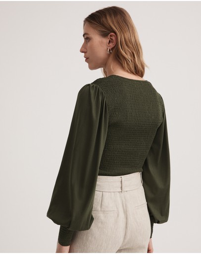 Witchery Cotton Blend Shirred V Neck Top