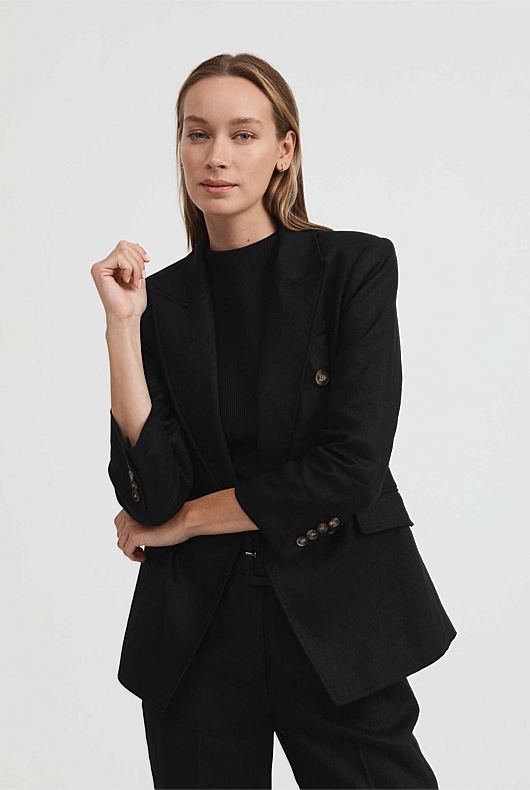 Linen Double-Breasted Crop Sleeve Blazer - Black