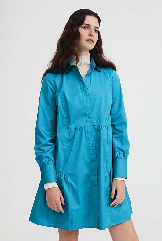 Cotton Mini Shirt Dress - Bright Blue
