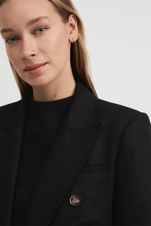 Linen Double-Breasted Crop Sleeve Blazer - Black