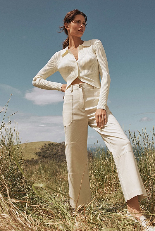 Cotton Blend Pocket Detail Pant - Cream