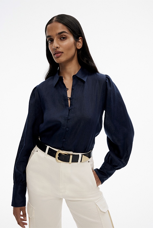 French Linen Volume Sleeve Shirt - Blue Night