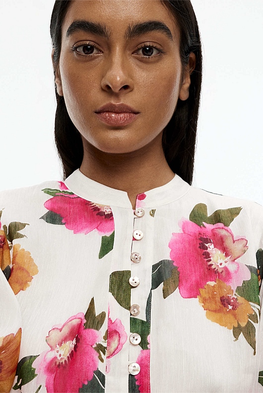 Watercolour Half Placket Blouse - Pearl