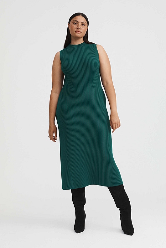 Knit Rib Mock Neck Dress - Petrol Green