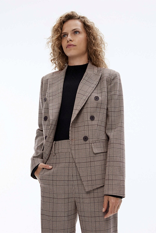 Check Double-Breasted Blazer - Mocha