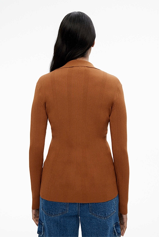 Crepe Rib Henley Knit - Faded Terracotta