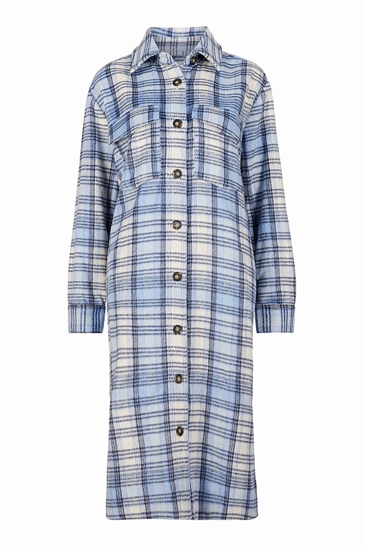 Wool Blend Check Longline Shacket - Duck Egg Blue