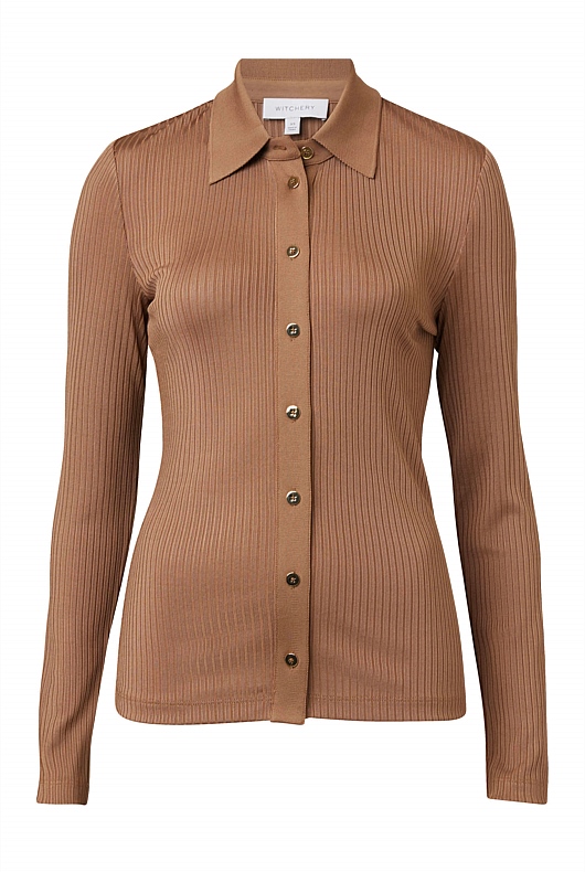 Rib Button Through Top - Camel