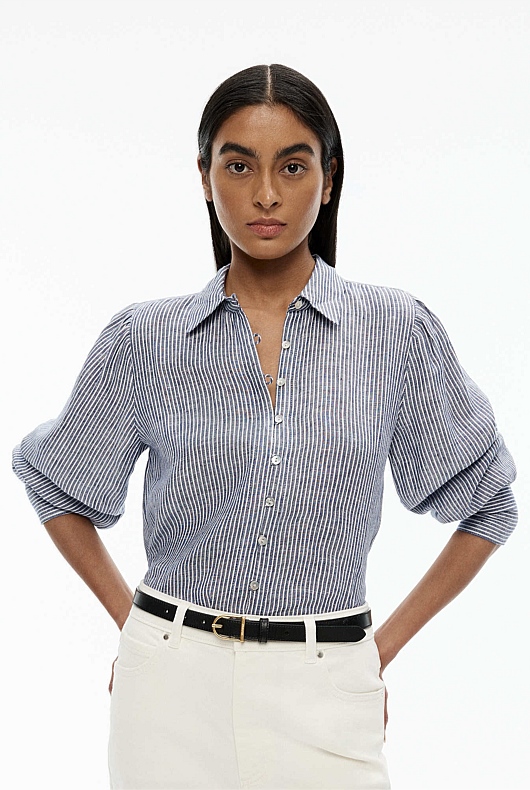 Linen Stripe Volume Sleeve Shirt - Lead Blue
