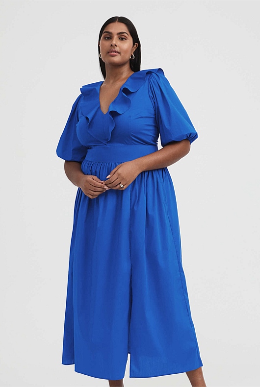 Cotton Poplin Ruffle Maxi Dress - Bold Blue