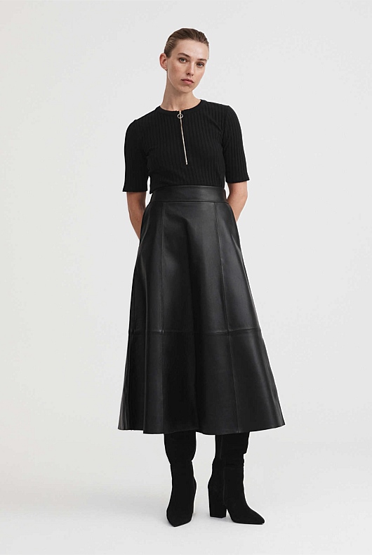 Cotton Rib Zip Front Top - Black