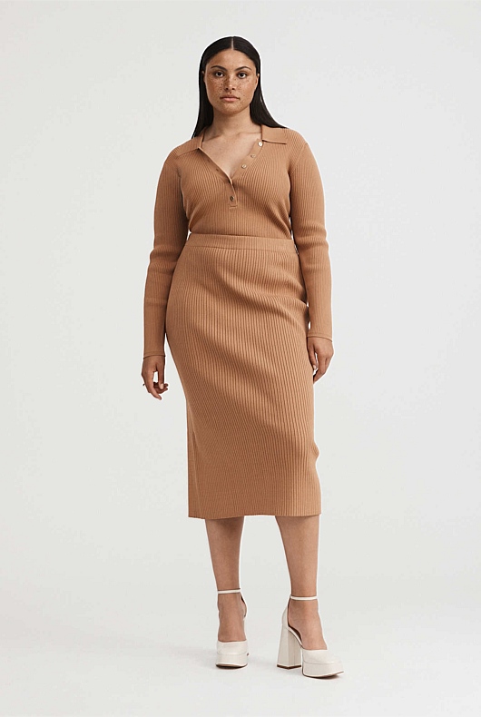 Knit Rib Midi Skirt - Camel