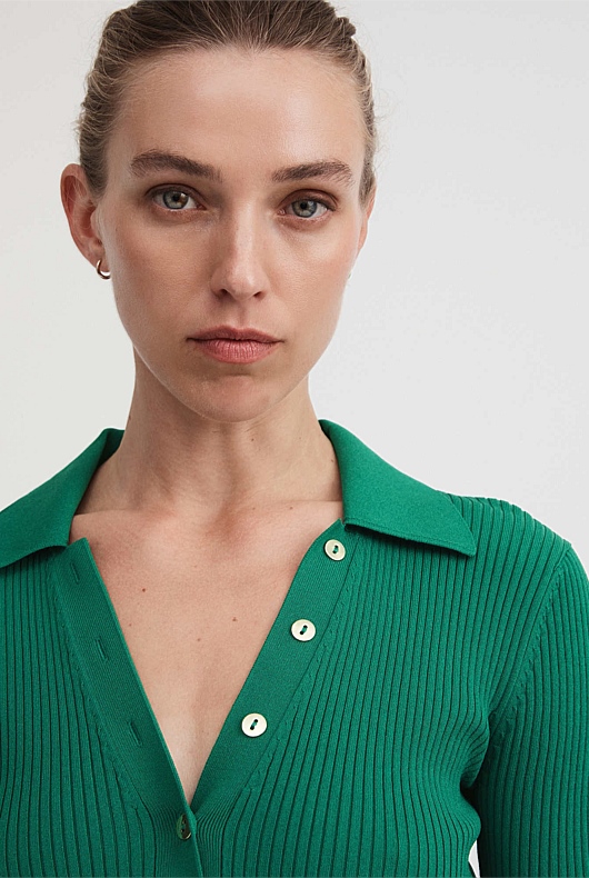 Crepe Collar Henley - Aqua Green