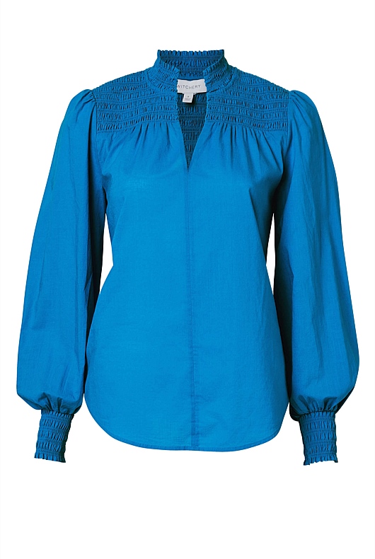 Cotton Shirred Blouse - Sorrento Blue