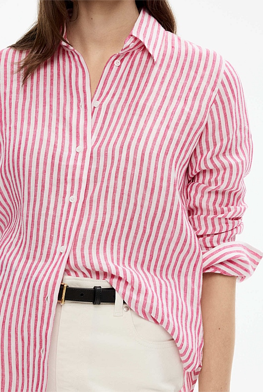 French Linen Stripe Shirt - Candy Pink