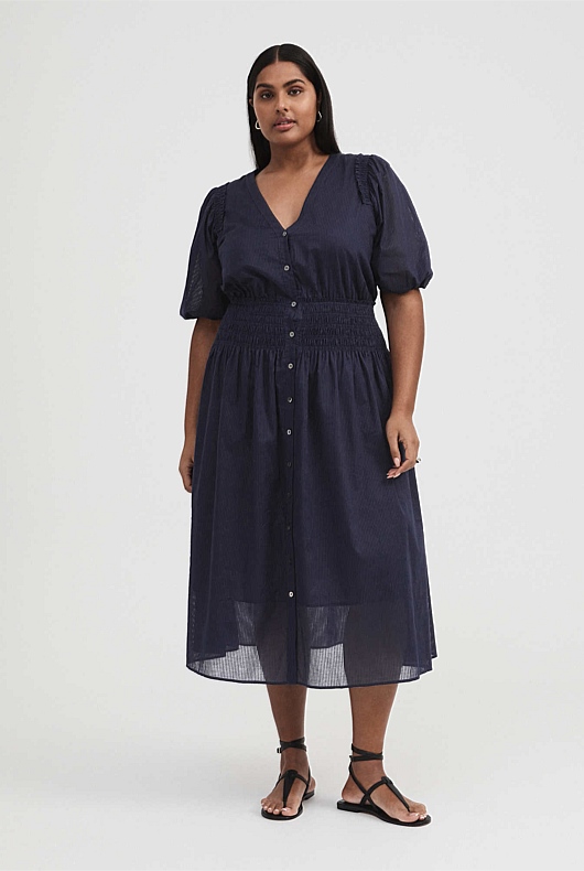 Cotton Shirred Dress - Ink Blue