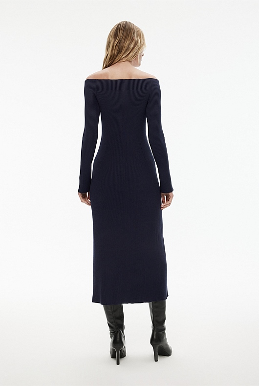 Off Shoulder Knit Dress - Blue Night