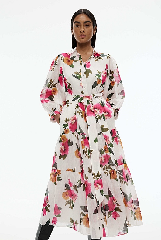 Watercolour Print Midi Dress - Pearl