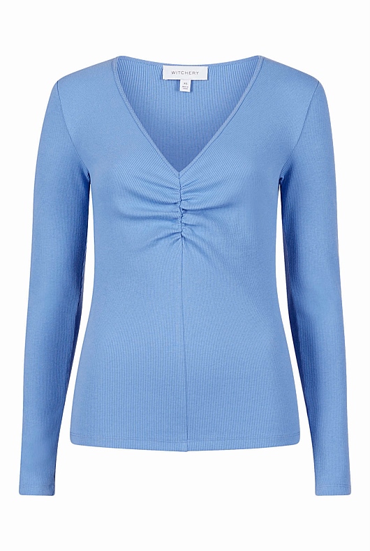 Cotton Rib Gathered Top - Harbour Blue