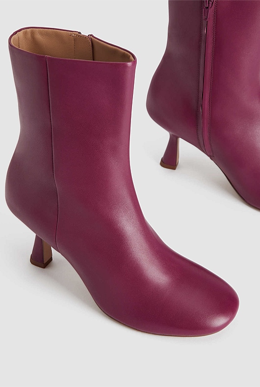Leather Round Toe Heeled Boot - Raspberry