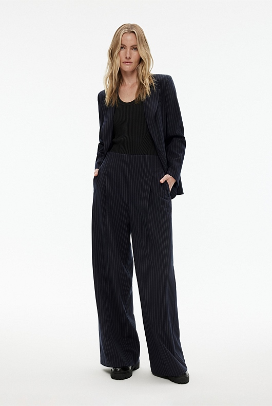 Pinstripe Wide Leg Trouser - Petrol Blue