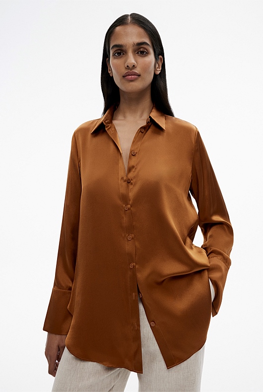 Silk Satin Relaxed Shirt - Faded Terracotta