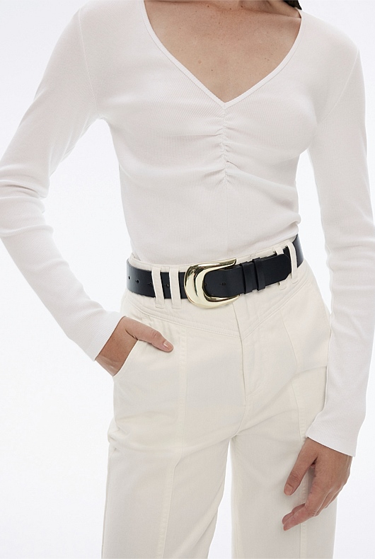 Cotton Rib Gathered Top - Pure White
