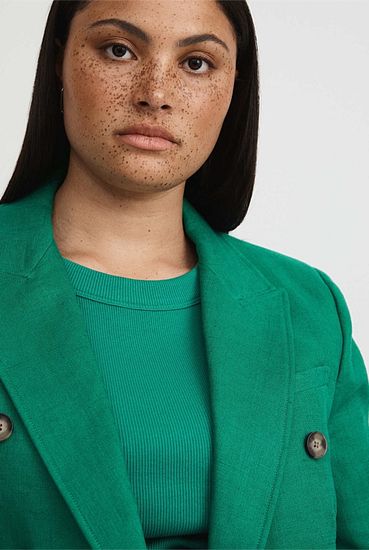 Linen Double-Breasted Crop Sleeve Blazer - Aqua Green