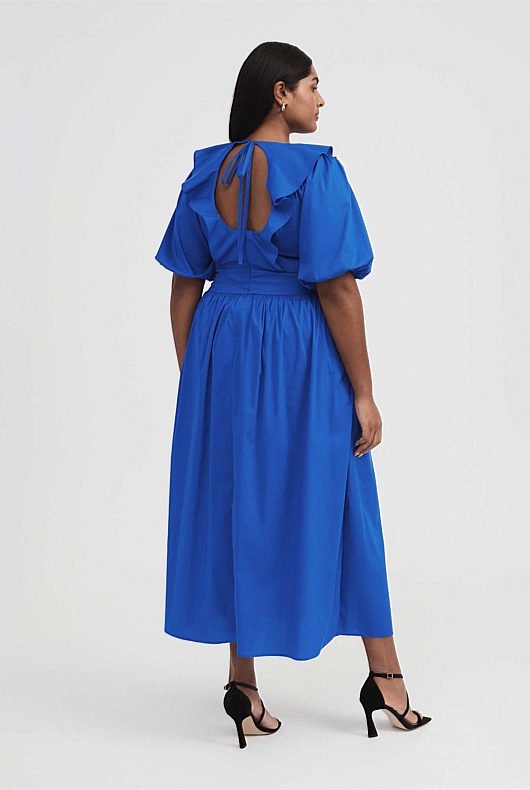 Cotton Poplin Ruffle Maxi Dress - Bold Blue