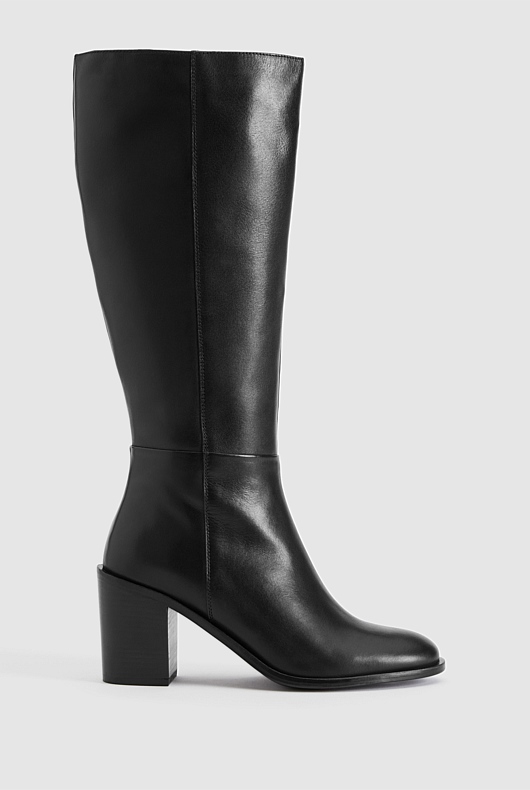 Leather Calf Height 75mm Heeled Boot - Black