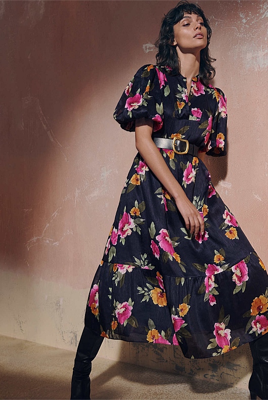 Watercolour Print Midi Dress - Midnight Blue