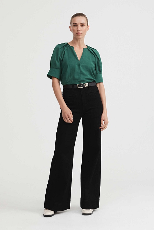 Raglan Pleat Sleeve Blouse - Petrol Green