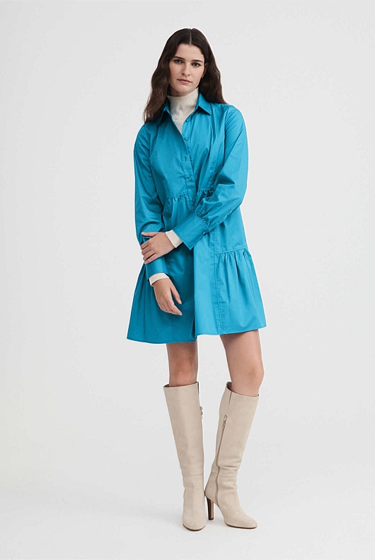 Cotton Mini Shirt Dress - Bright Blue