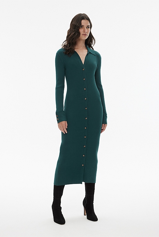 Button Through Rib Longline Cardigan - Petrol Green