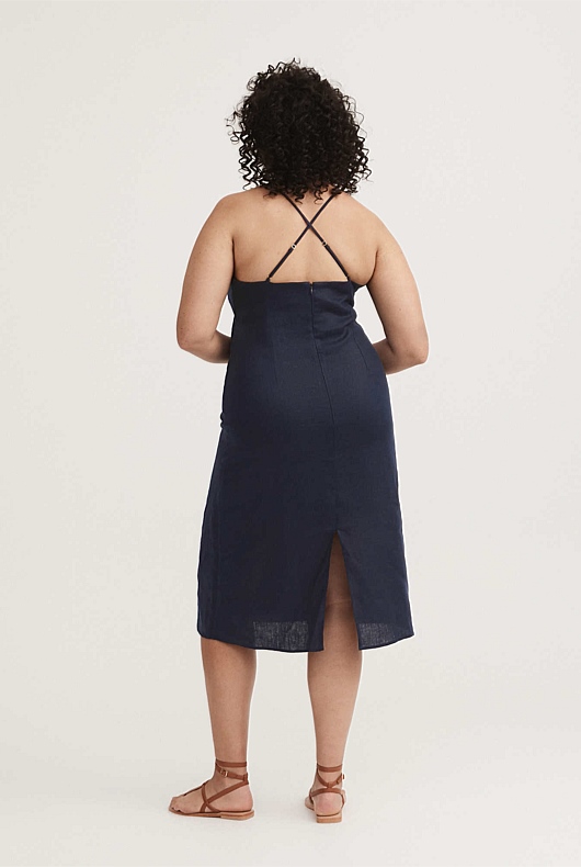 French Linen Summer Slip Dress - Blue Night