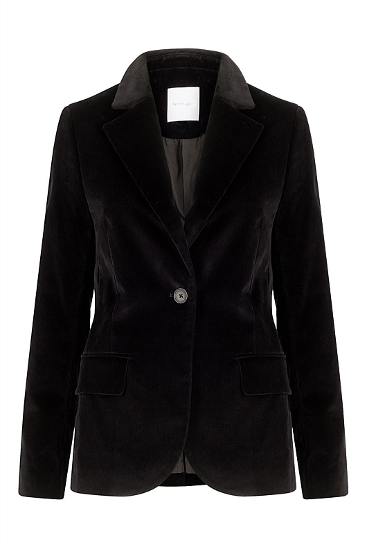 Single-Breasted Velvet Blazer - Black