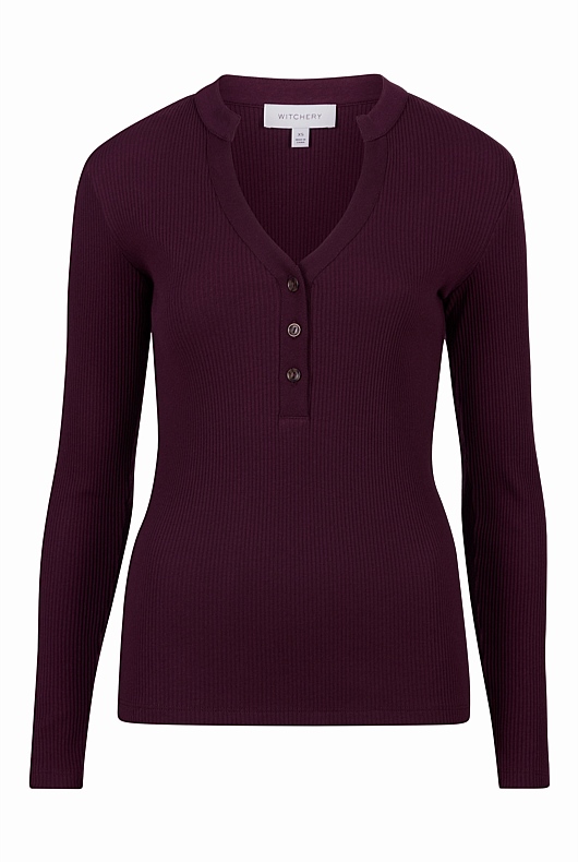 Cotton Blend Rib Henley Long Sleeve Top - Bordeaux