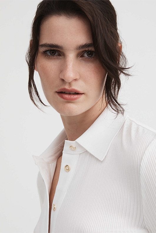 Rib Button Through Top - Chalk