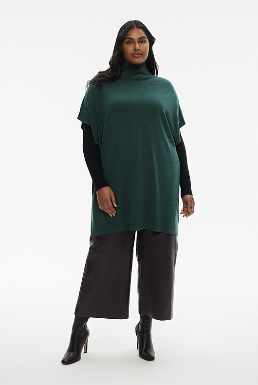 Silk Merino Longline Poncho - Petrol Green