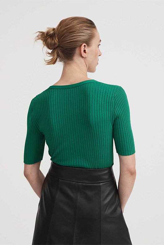 Rib V Neck Short Sleeve Knit - Aqua Green