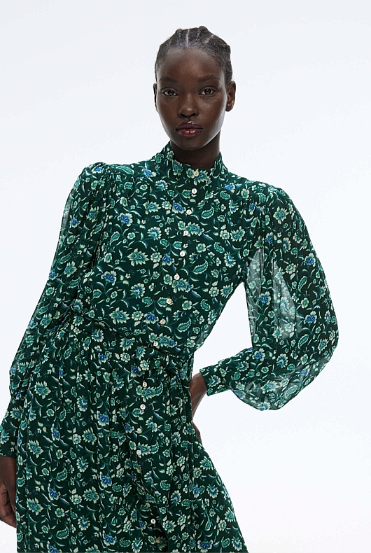 Tile Floral High Neck Dress - Viridian Green