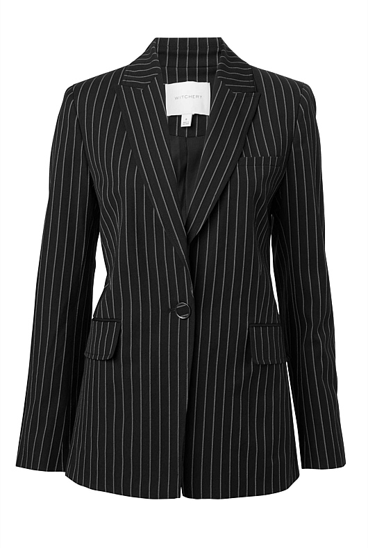 Single-Breasted Pinstripe Blazer - Black