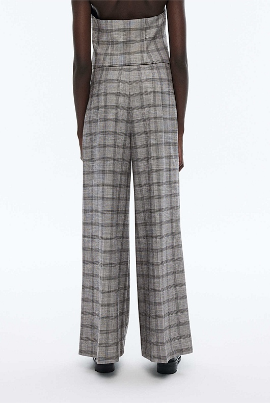 Yarn Dye Check Wide Leg Pant - Grey Sky
