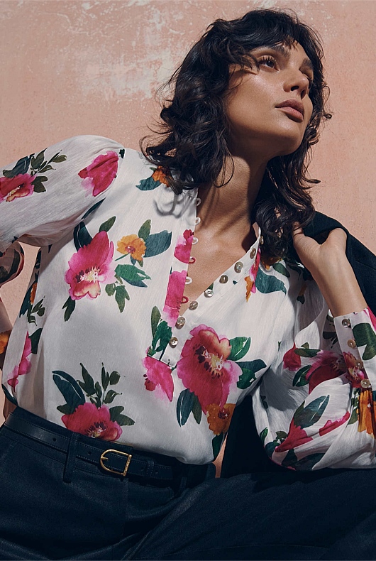 Watercolour Half Placket Blouse - Pearl