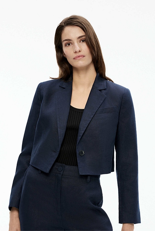 Linen Single-Breasted Cropped Blazer - Blue Night