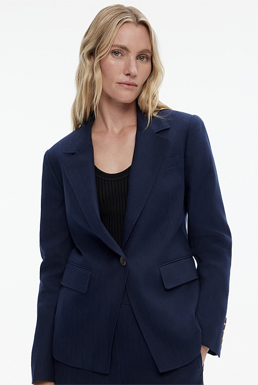 Cotton Linen Single-Breasted Blazer - Blue Night