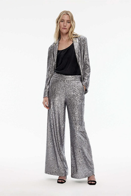 Sequin Wide Leg Trouser - Gunmetal