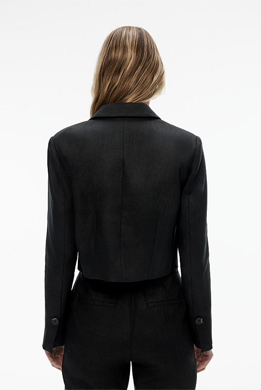 Linen Single-Breasted Cropped Blazer - Black