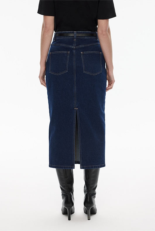 Yoke Front Longline Denim Skirt - Dark Indigo