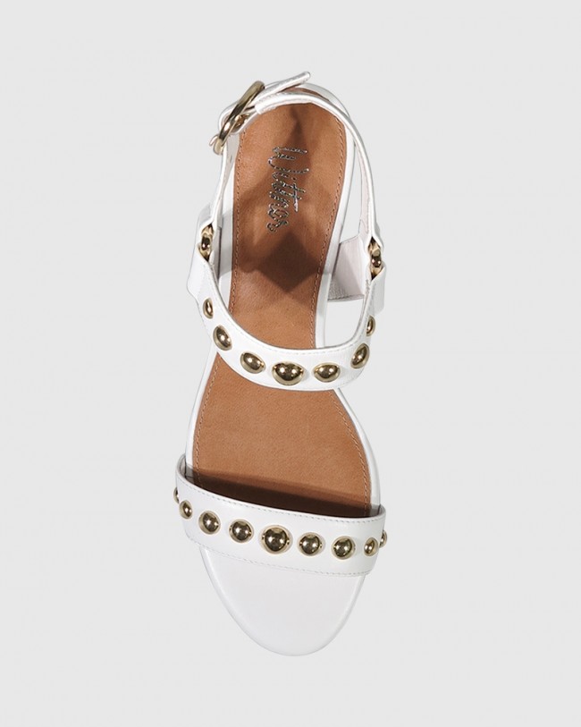 Wittner Alejandro White Leather Gold Stud Detail Block Heel Sandal